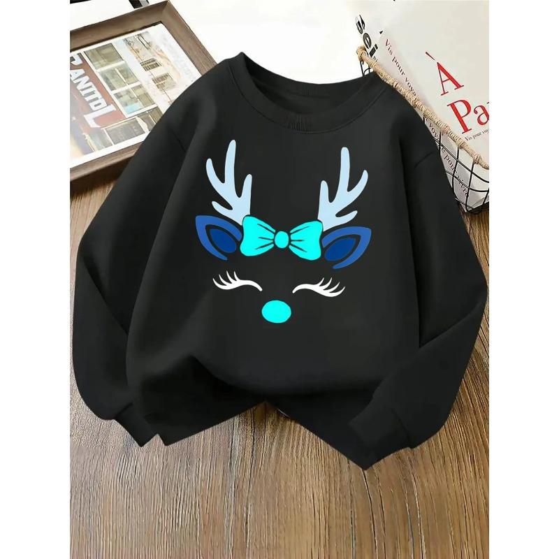 European Sizes Reindeer Face Bow Red Nose Kids' Hoodie, Round Neck Hoodie, Long Sleeved , Casual Multi Colored