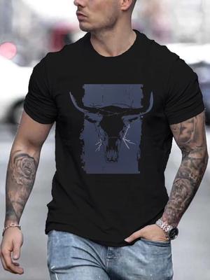 Men's Summer 100% Cotton Casual Loose Large Western Style Cow Head Printed Round Neck Short Sleeve Street Soft T-shirt