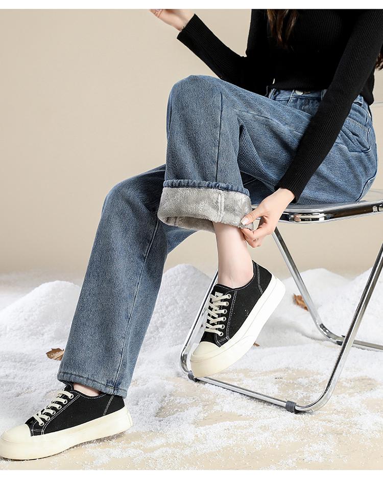 Women's High-Waisted Fleece-Lined Jeans: Thick, Light-Colored, Straight-Leg, Slimming Wide-Leg, Dark Blue for Autumn/Winter 2025.