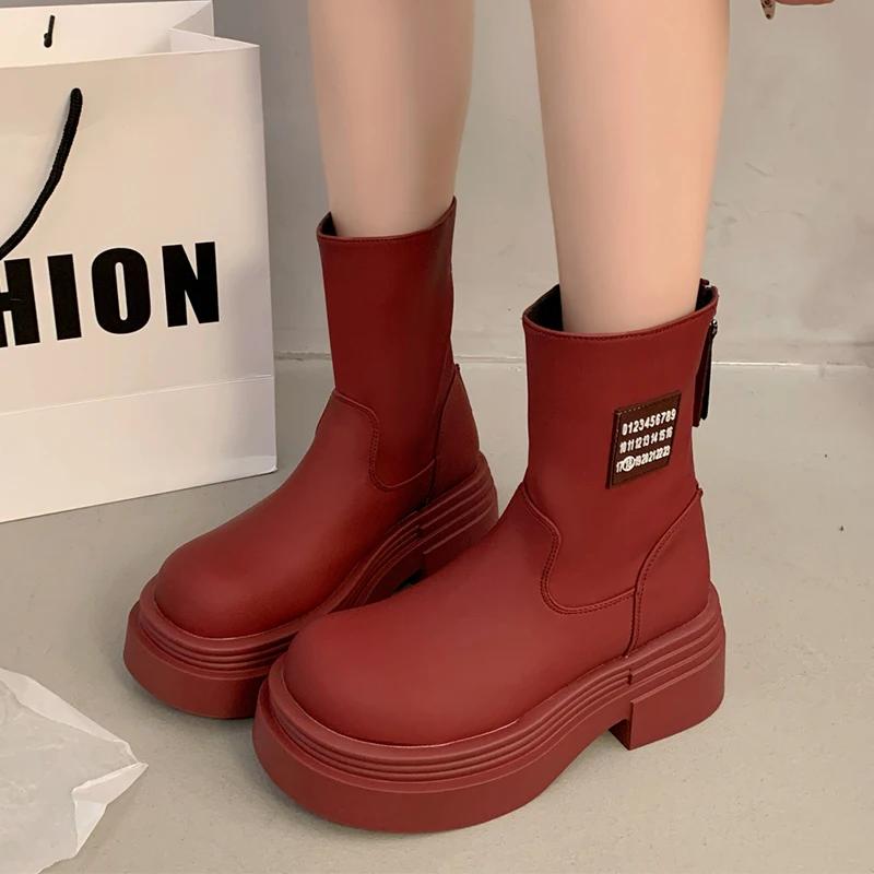 Платформа Женские Высокие Сапоги Высокий Каблук Кожаная Модная Женская Обувь Ботильоны — фото 10