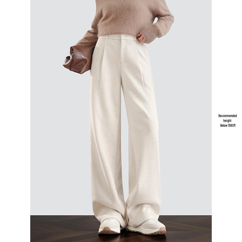 Women s Spring Style High-Waisted Oatmeal Wool Wide-Leg Fleece-Lined Pants XL (116-125 lbs)