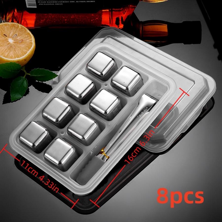 4-6-8 Piece Whiskey Ice Cubes Set with Silicone Head Tongs and Ice Cube Trays Stainless Steel Ice Cubes Reusable