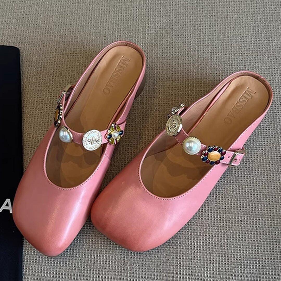 

Версия из овчины~ Баотоу полушлепанцы женские летние носить высококлассное чувство юбка крутые шлепанцы одна педаль ленивые мюли 40 розовый