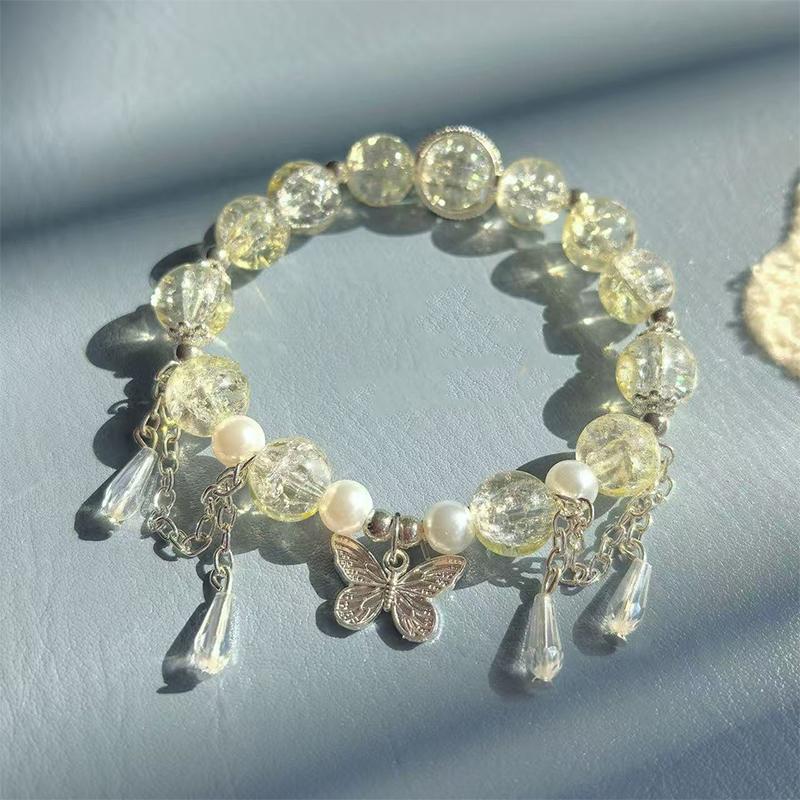 Korean Ins Pink Crystal Butterfly Pendant Beaded Bracelet For Women Girls Sweet Beaded Chain Bracelet Jewelry Gifts