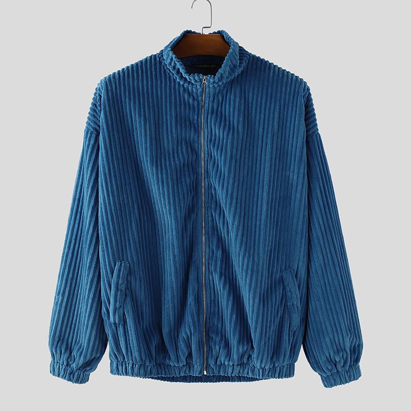 

INCERUN Осенние мужские куртки и пальто с воротником-стойкой, длинным рукавом и текстурой вельвета, повседневные на молнии 4XL темно-синий