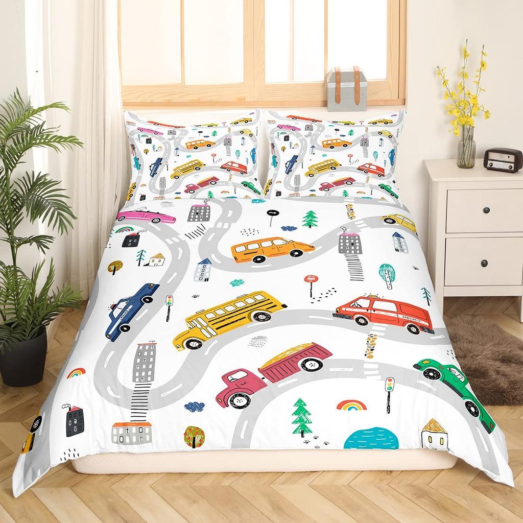 Road Traffic Themed Duvet Cover Set Queen King Size Lightweight Down Quilt Covers Room Decor Transport Bedspread Covers No Quilt