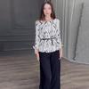 2024 Autumn Women's Casual Print Shirt & Solid Wide-Leg Pants Set
