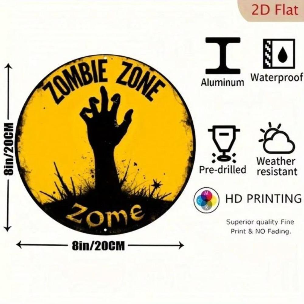 Zombie Zone Halloween Metal Sign Vintage Spooky Decor Hand Painted 8x8 Inch Round