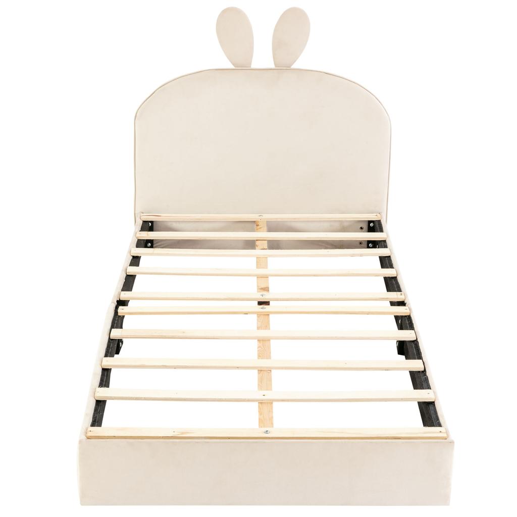 Rabbit Headboard Upholstered Bed, Children's Bed with Wooden Slats, Single Bed, Velvet, Beige, 90x200cm