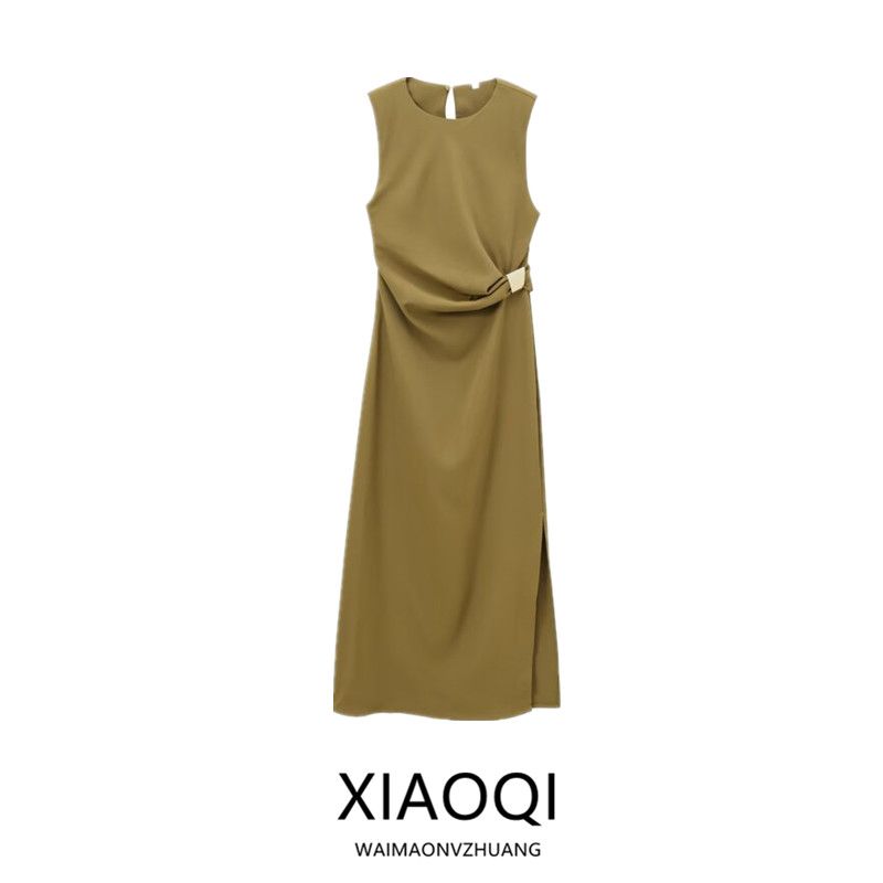 Western Style 2024 Autumn and Winter New Women's Belt Shoulder Pad round Neck Sleeveless Midi Midi Dress 3897162