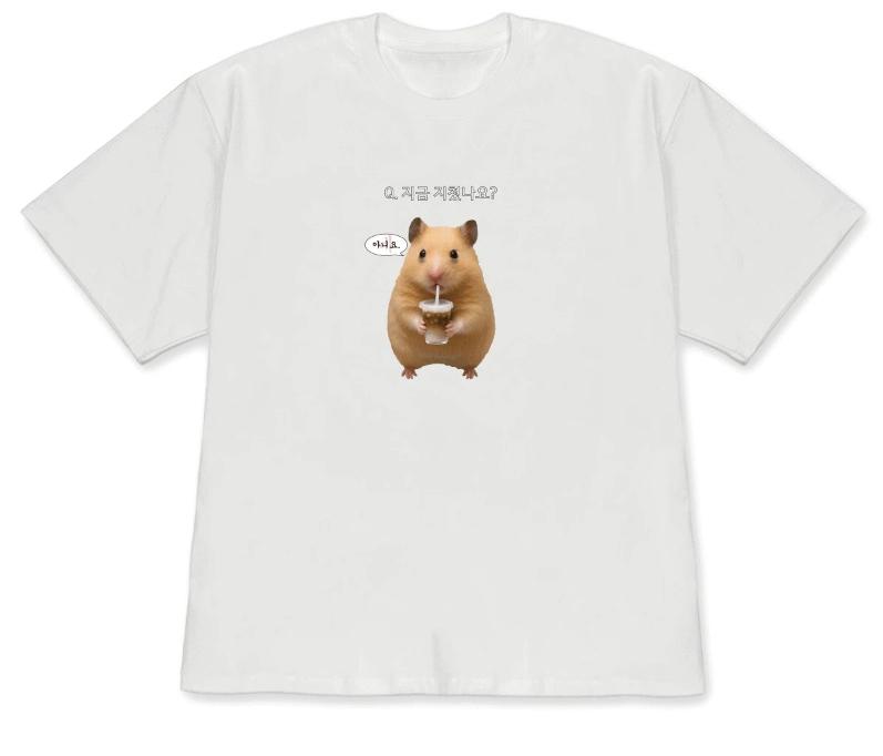 Versatile Korean Lucky Hamster Shortsleeved Printed Tshirt Top Unisex Cute Kawaii Hamster Meme Graphic Casual Streetwear White
