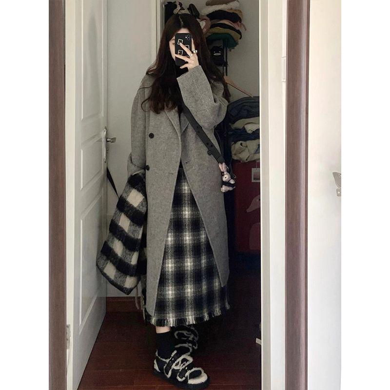 

Женское серое шерстяное пальто 2025: Средней длины, Утепленный, в Корейском стиле для Осени/Зимы S [Recommended for 85-100 lbs]