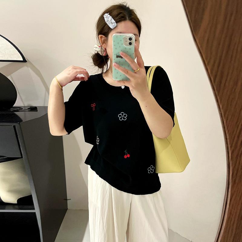 Damen Rundhals-Oberteil Damen Bestickter Strickpullover Molliges Mädchen Lässig Locker Kurzarm-T-Shirt