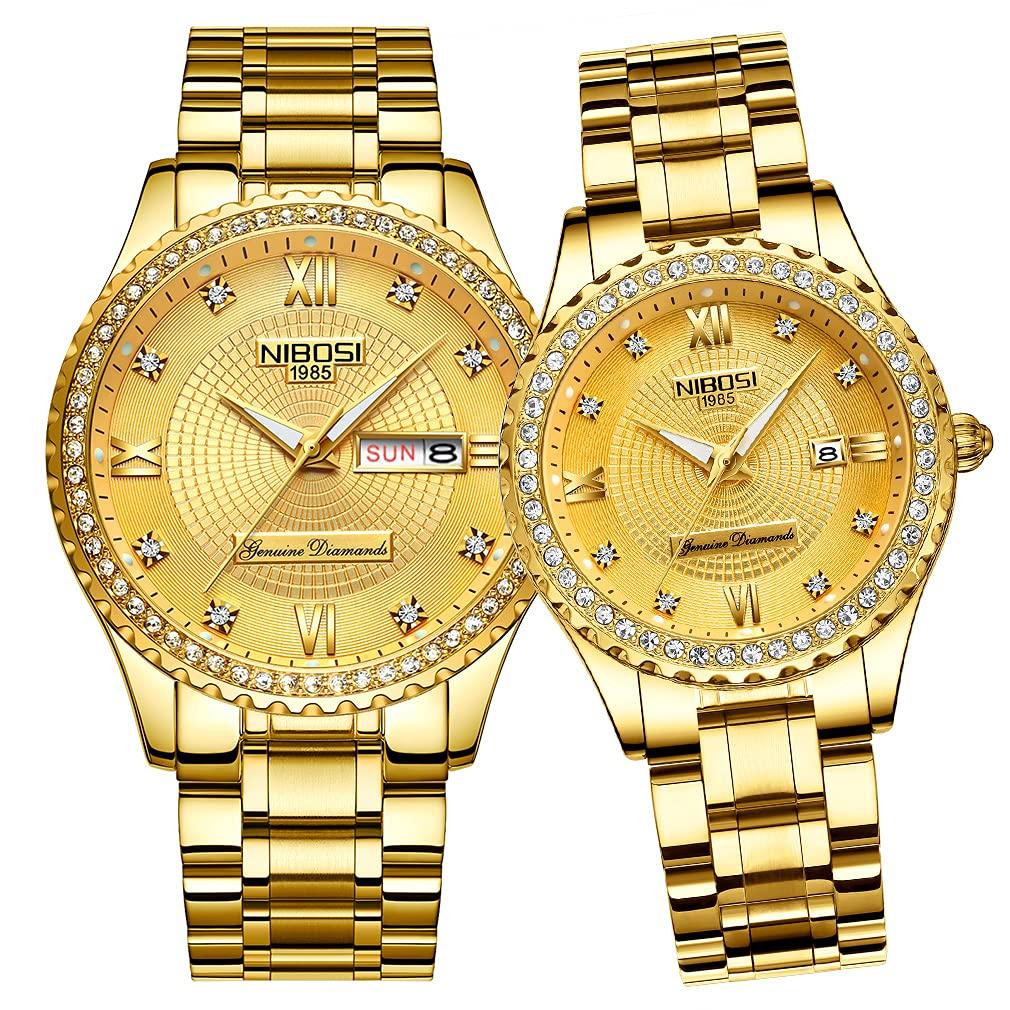 

Popular couple s watches for men and women. Luxury diamond and gold-plated watches with classic stainless steel accents. Waterproof. A perfect gift