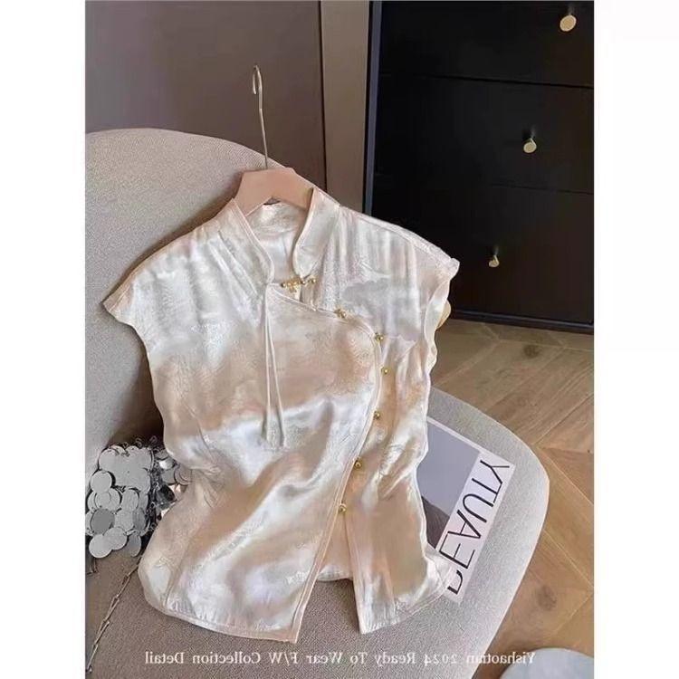 

Абрикосовая рубашка с универсальной диагональной планкой и коротким рукавом женская летняя летняя рубашка темпераментный дзен элегантный топ M [Recommended below 50kg]