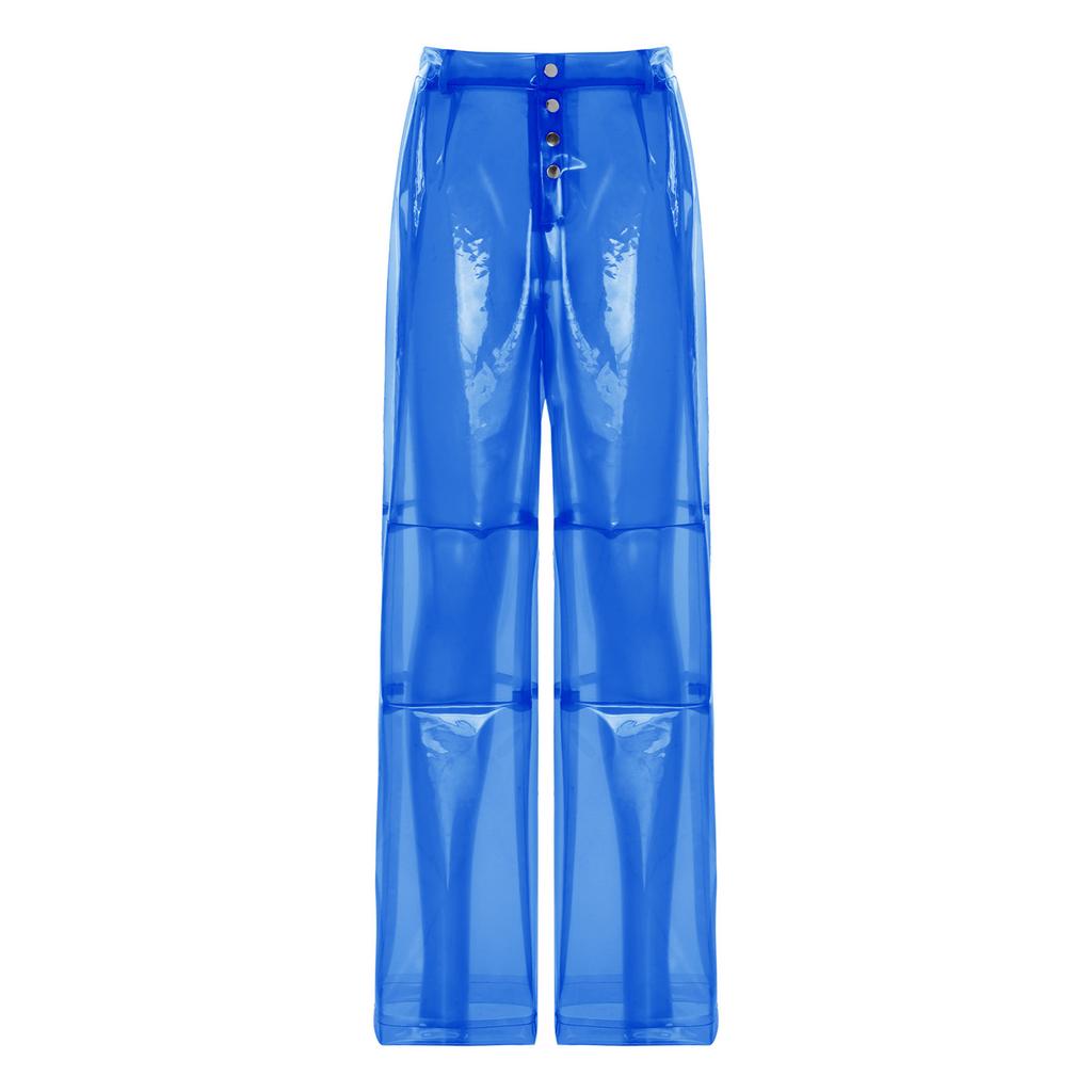S-XXL Women See Through PVC Pants Button Waist Back Pockets Wide Leg Straight Trousers for Party Dancing Prom Cover Up