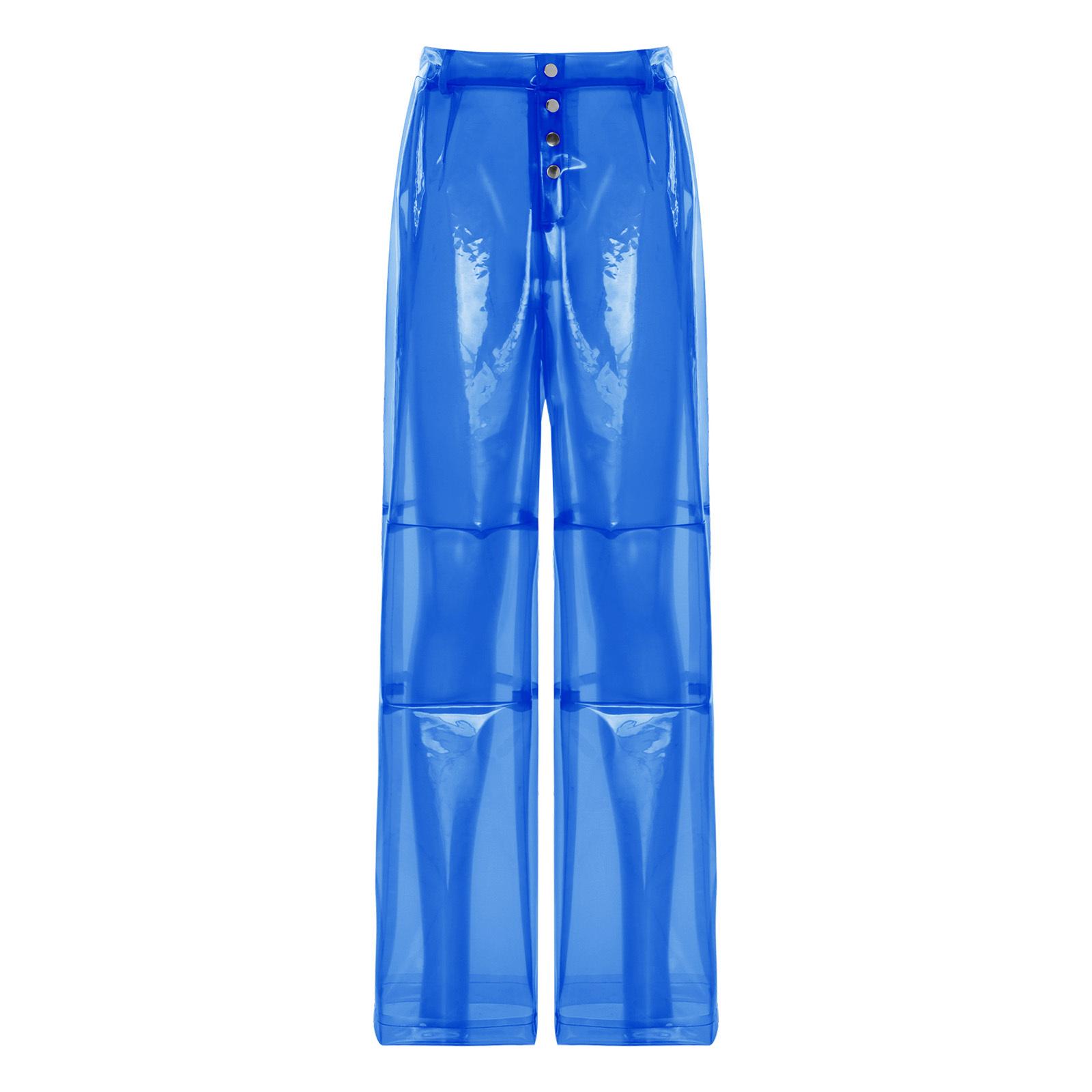 S-XXL Damen Durchsichtige PVC-Hose Knopfleiste Taille Gesäßtaschen Weiter Beine Gerade Hosen für Party Tanzen Abschlussball Abdeckung S blau