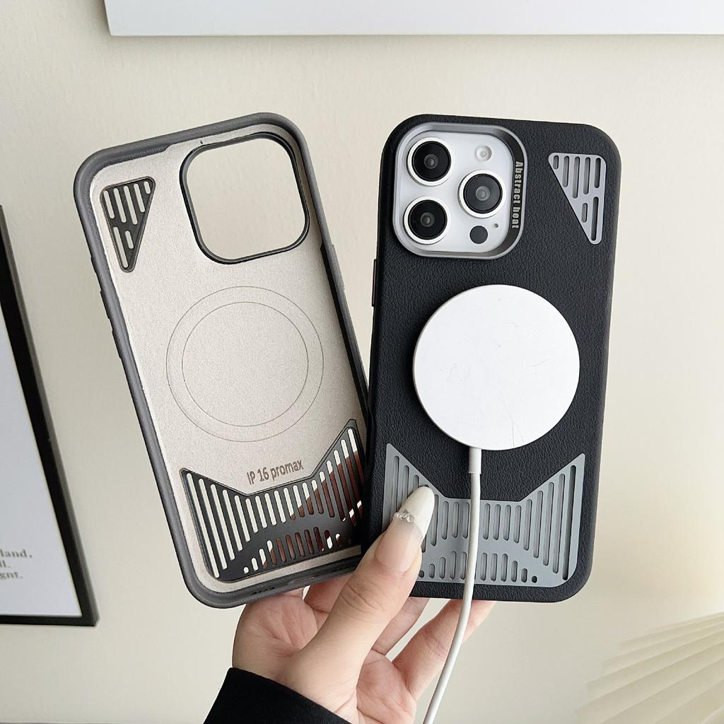 For iPhone 16 Pro Magnetic Case PU Leather Aluminium Alloy Heat Dissipation Phone Back Cover