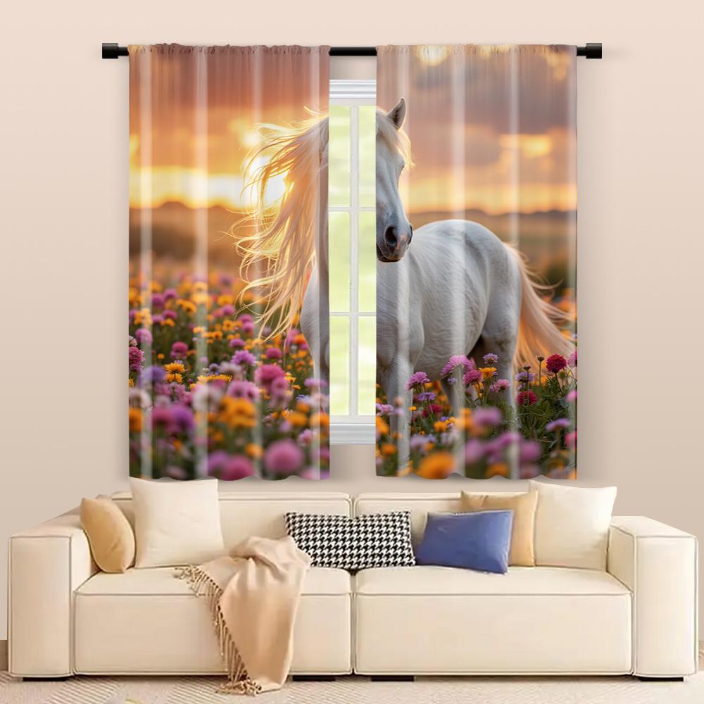 2 Stück, Filtervorhänge (ausgenommen Stangen, unbeweglich, ohne Batterien) Visueller Effekt Weißes Pferd zur Verwendung in Schlafzimmern und