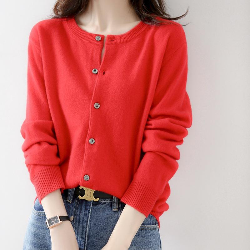 Cardigan Solid Color Spring New Knitted Sweater Short Women's Round Neck Slim Sweater Bottoming Long Sleeve Large Size Jacket
