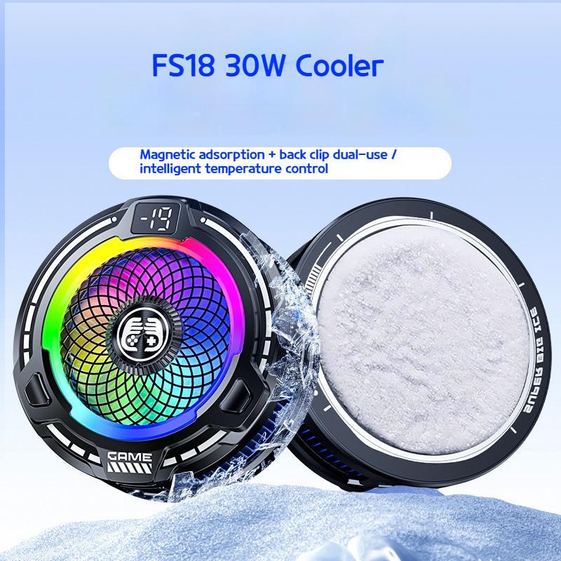 FS18 AI Mobile Cooler 30W Magnetic Back-clip Ice Cooling Radiator Digital Display RGB Light Gaming Cooler Temperature Control