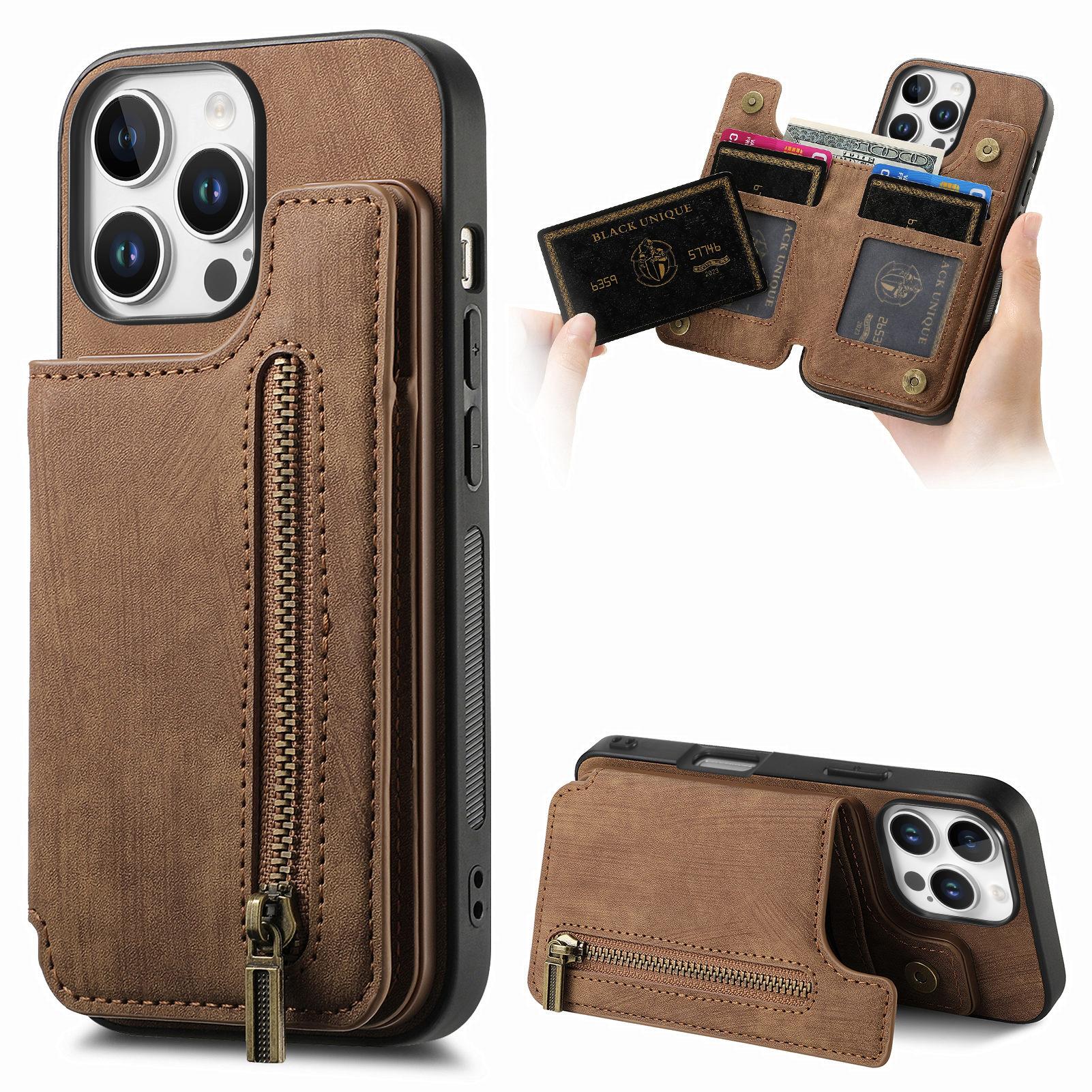 

For iPhone 16 Pro Case with Zipper Card Holder Leather+TPU Phone Cover Brown
