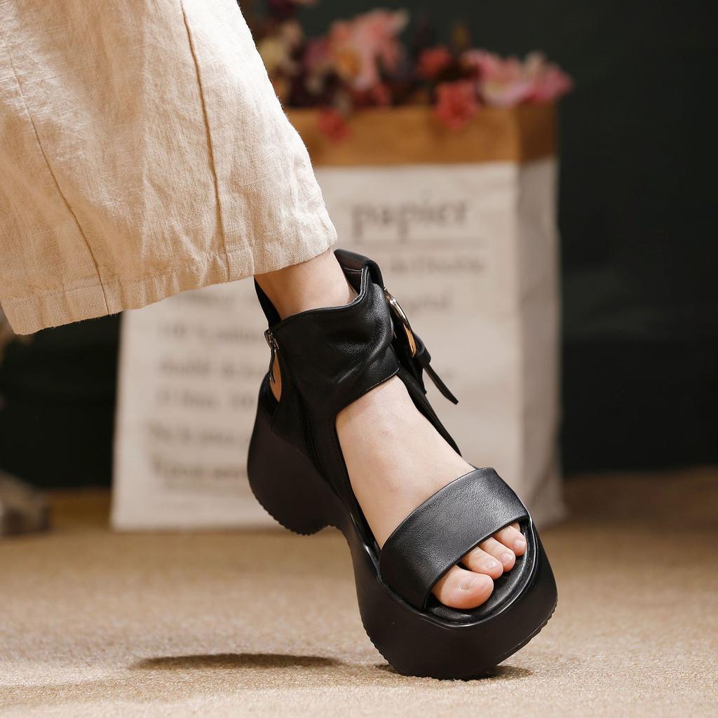 Johnature Genuine Leather Peep Toed Thick Soled Shoes Height Increasing Retro Women's High-heeled Sandals