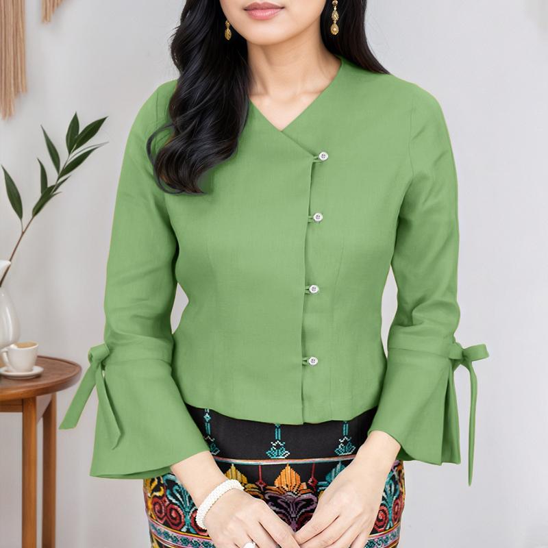 

ZANZEA Женская повседневная блузка с V-образным вырезом, однотонная, летняя, с рукавом 3/4 2XL зелёный