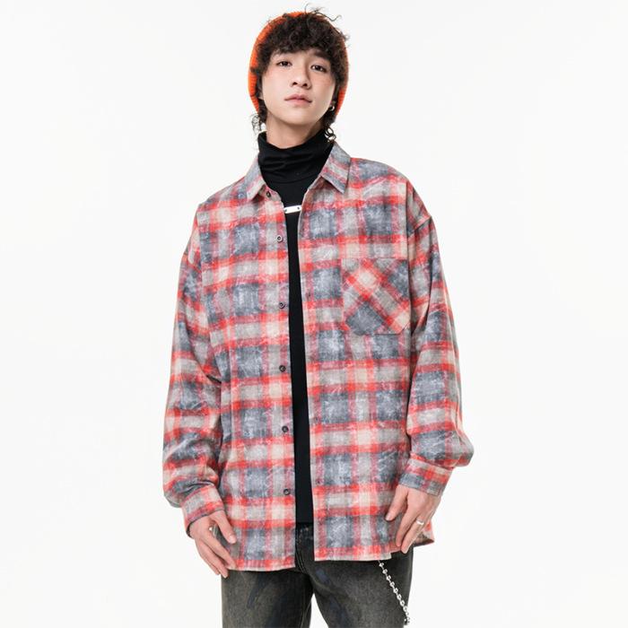 New Japanese Mid-length Shirt for Spring for Men's Fashion Trend Casual Plaid Shirt