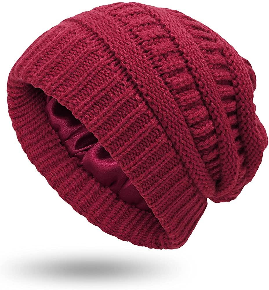 Womens Winter Warm Knitted Hat Satin Silk Lined Cable Knit Beanie Chunky Slouchy Skull Cap винный
