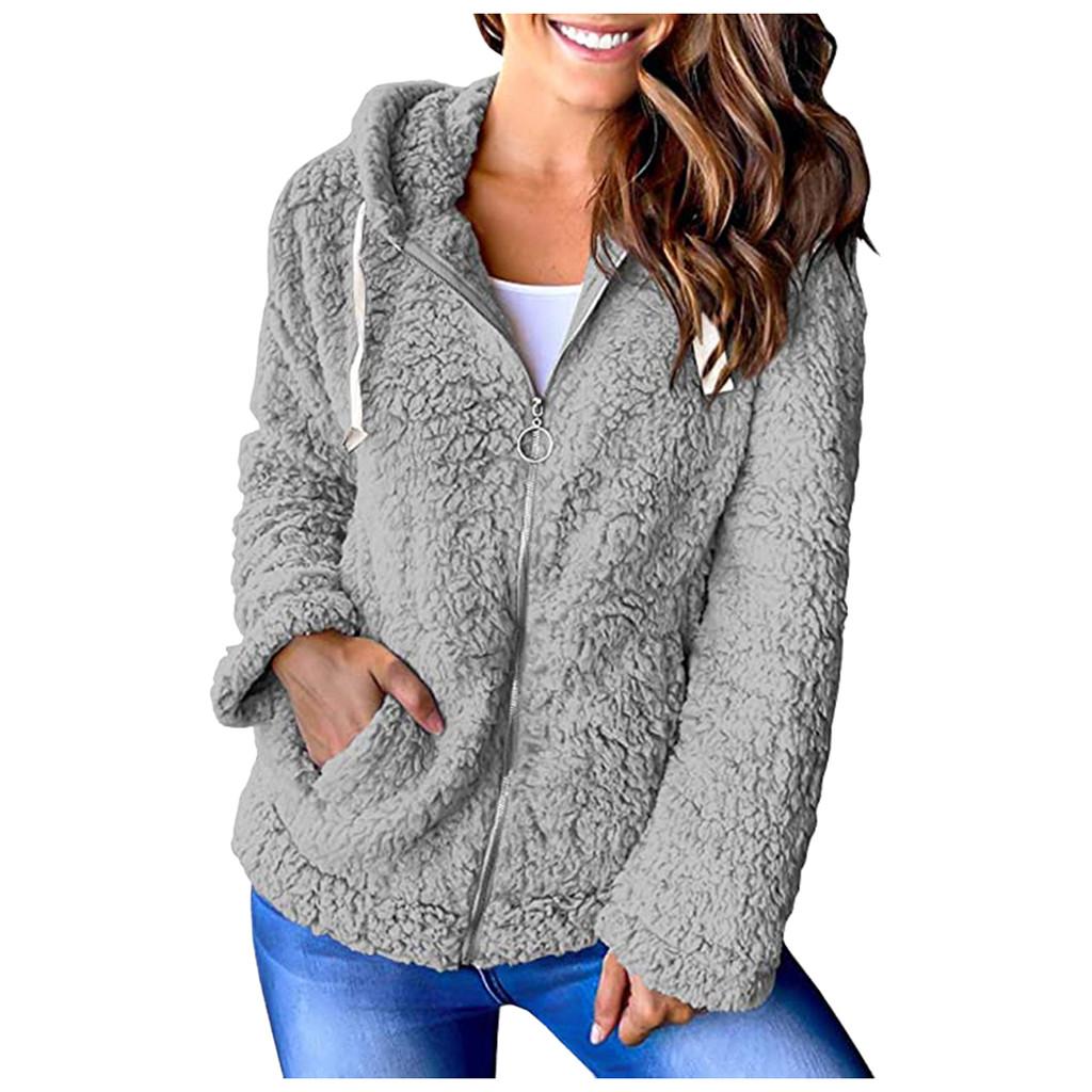 Womens Long Sleeve Jacket Zip Up Hooded Chunky Pockets Coat Tops