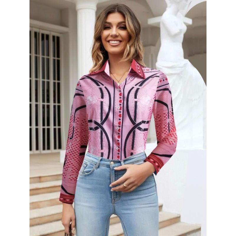 Fashion Spring & Fall New Lapel Work Clothing Ol Fashion Single-Breasted Straight-leg Gingham Geometric Print Long Sleeve Shirt Top