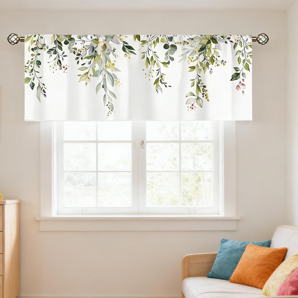 Green  Leavses Valances Kitchen Curtains Watercolor Floral Flower Plants Botanical  For Women Ptetty Bedroom Living Room