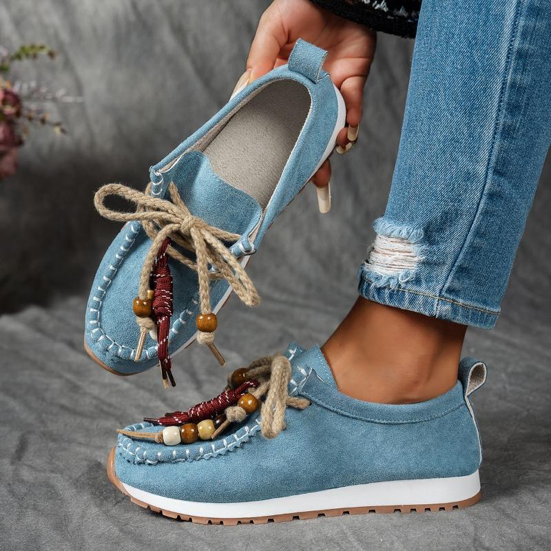 Women's Single Shoes, Loafers, New Large-sized Front Lace-up Bean Shoes