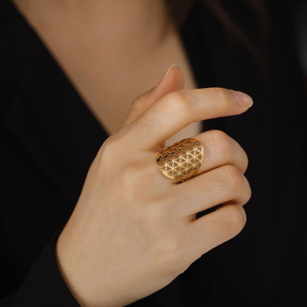 Dawapara Flower of Life Talisman Resizable Finger Rings for Men Women Hollow Adjustable Ring Stainless Steel Jewelry