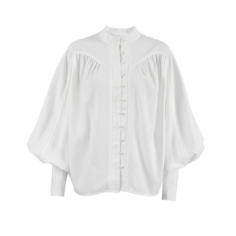 Mode Weiß Stehkragen Damenhemd Laternenärmel Elegant Locker Einfache Bluse 2025 Frühling Damen Lässig Langarm Top Damenbekleidung 3054