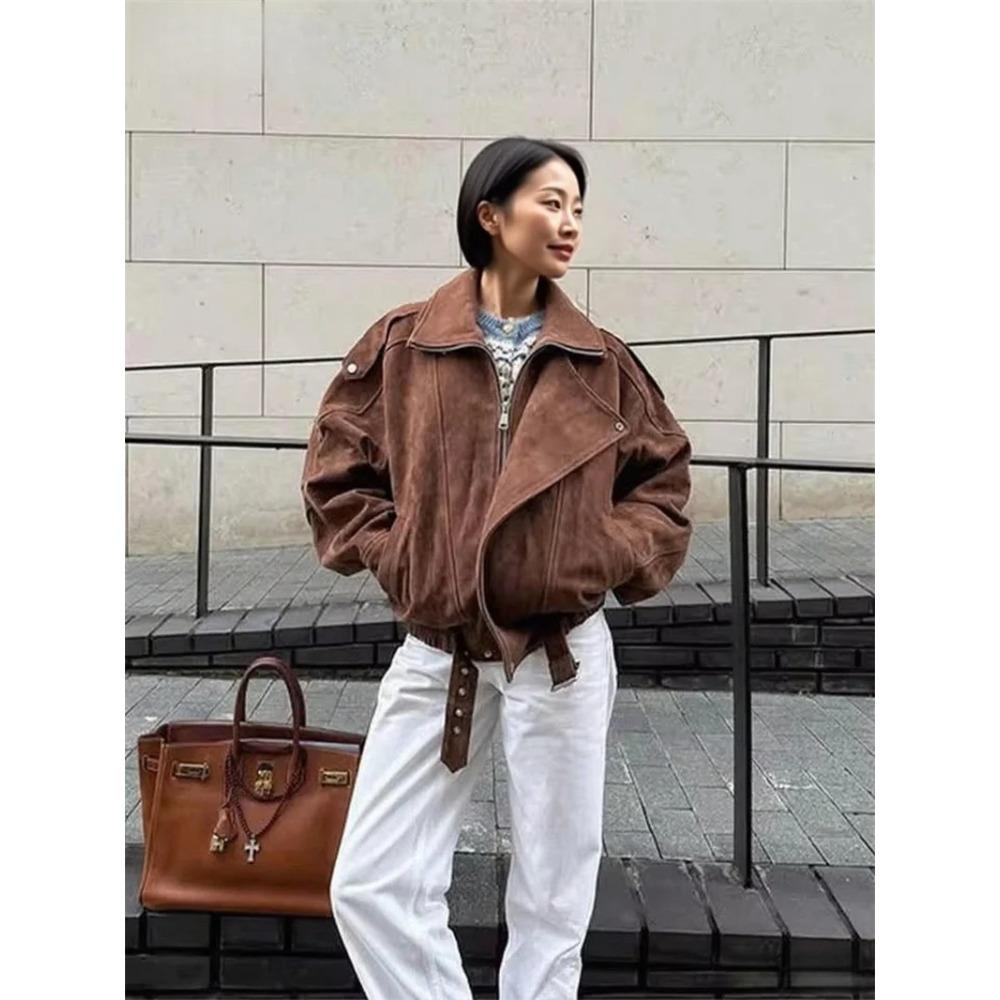 Women's Belt Short Suede Jackets Loose Lapel Long Sleeve Zipper Coats Spring Lady Vintage Female Outwear Street