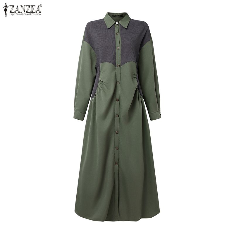 ZANZEA Women Casual Turn Down Collar Long Sleeve Loose Patchwork Dress