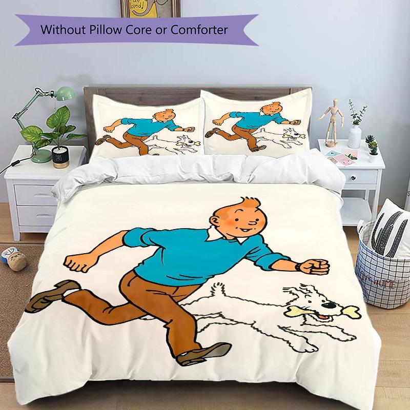 Tim und Struppi Abenteuer Schnee-Print 3-teiliges Bettwäsche-Set Bettbezug mit 2 Kissenbezügen Zuhause Geburtstagsgeschenk