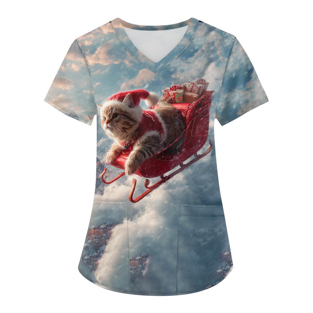 Women's Printing Uniform Work Uniform V-neck Pockets Basic Short Sleeve Pullover Top