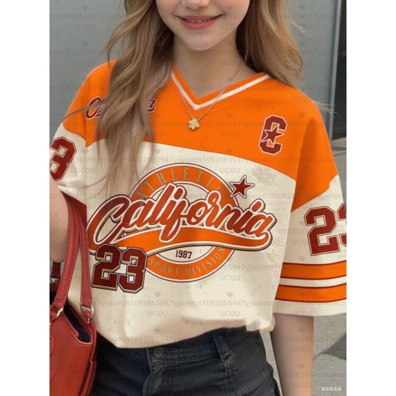 Girls Casual Sports Style California Print Short Sleeve V-Neck Women's Children Men's T-shirt Tops