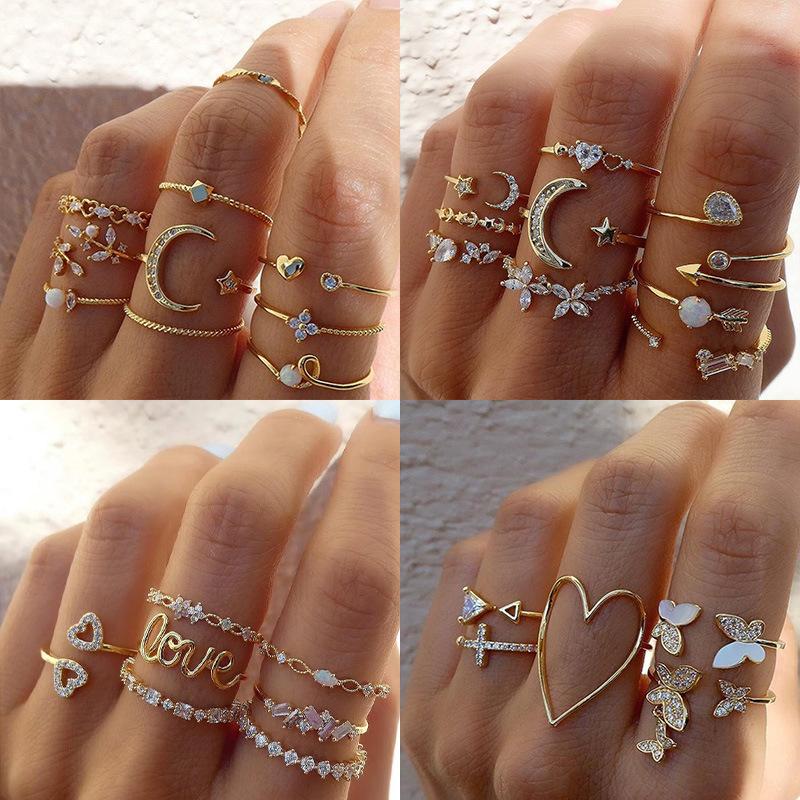 Retro Style Niche Diamond-encrusted Star and Moon Stacked Joint Ring Design Sense Love Butterfly Opening Ring Set