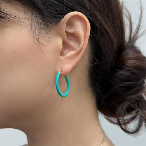 [Takeda Jewelry] Turquoise Blue Loop Earrings, Genuine Enamel Hoop Earrings, Sterling Silver S925, Popular, Enamel Finish, Cute, Simple, Hypoallergeni