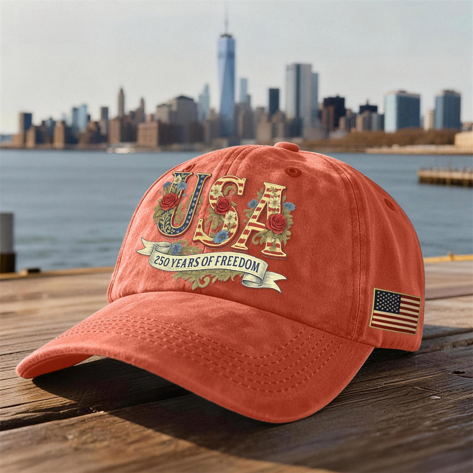 

Adjustable Baseball Cap with Embroidered USA Lettering and 250 Years of Freedom Floral Print Unisex Cotton Hat for Adults One Size шафрановий