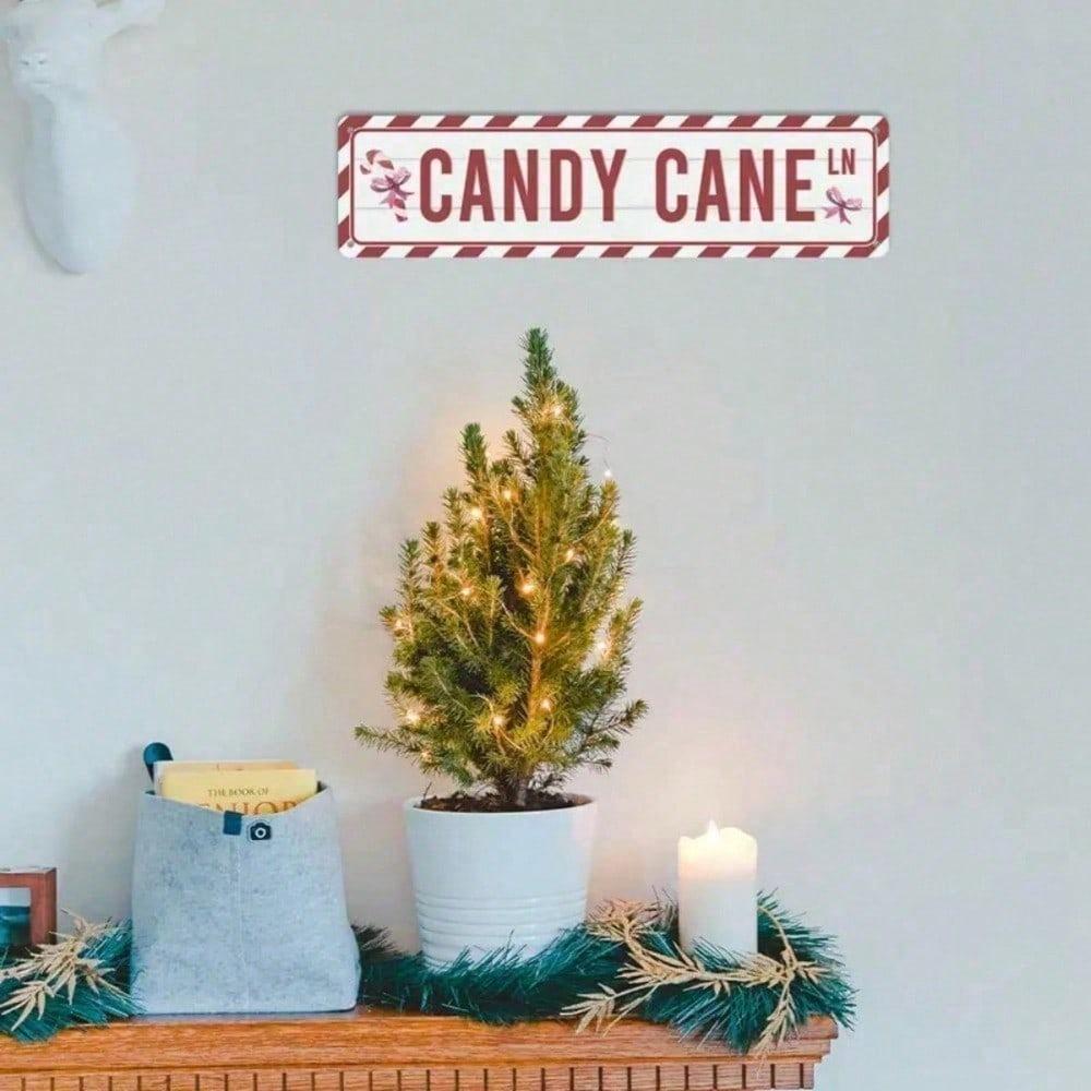 Retro Metal Tin Sign Christmas Candy Cane Merry Christmas Wall Art Home Porch Decor Red White 10x40 Cm
