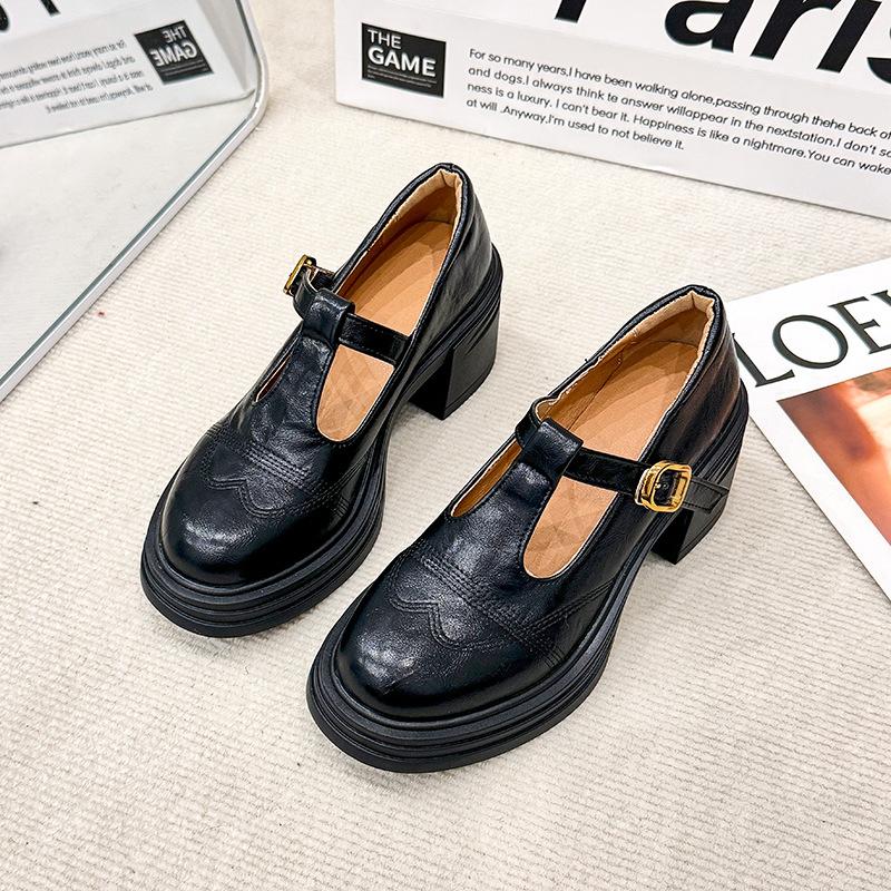 

Женские туфли Мэри Джейн на толстой подошве, на высокой платформе, черные, с круглым носком, 2025 новинка, ретро французские одинарные туфли на толстом каблуке, универсальные маленькие кожаные туфли 39