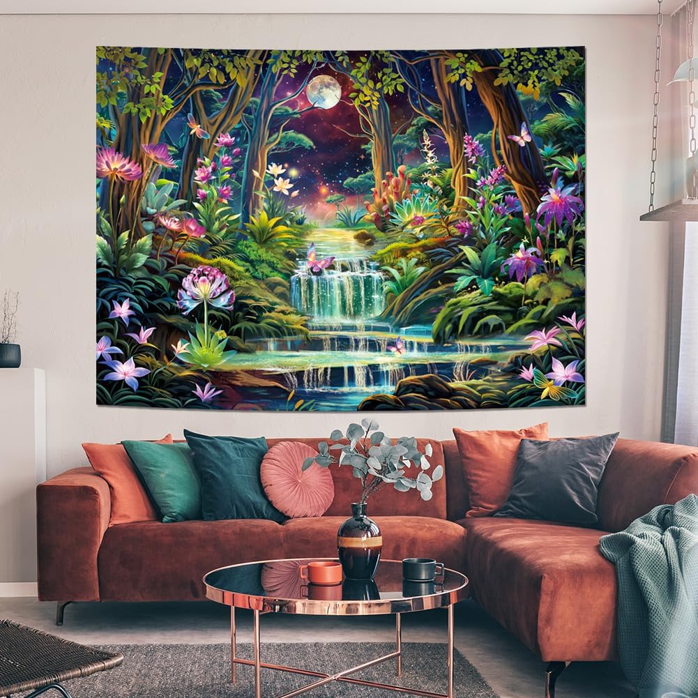 Leofanger Blacklight Fantasy Forest Tapestry Aesthetic Moon Tapestry UV Reactive Neon Galaxy Space Wall Tapestries Trippy Plant Floral Tapestries