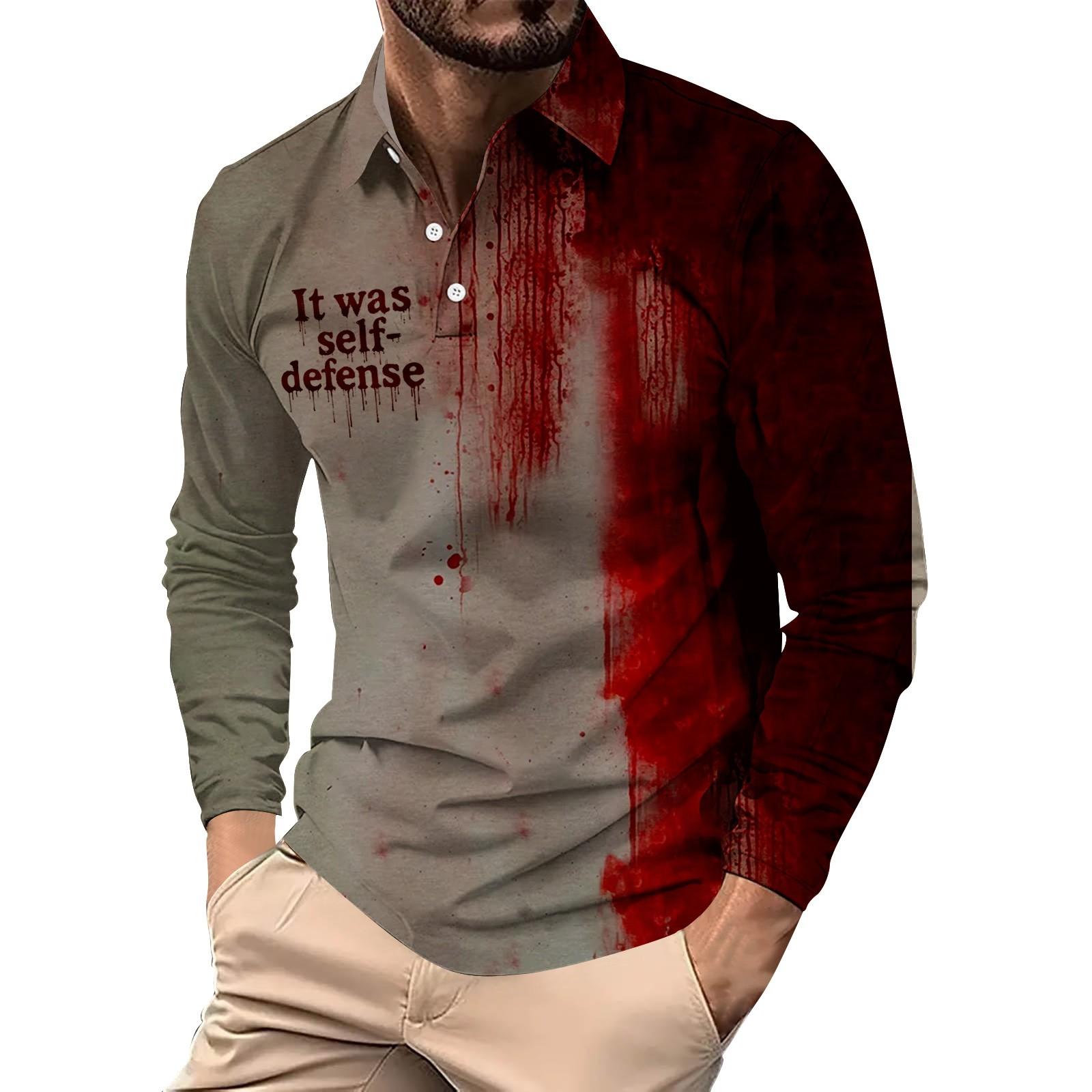 

Men s Loose And Casual Halloween Letter-printed Lapel Button-down Long-sleeved Top L червоний