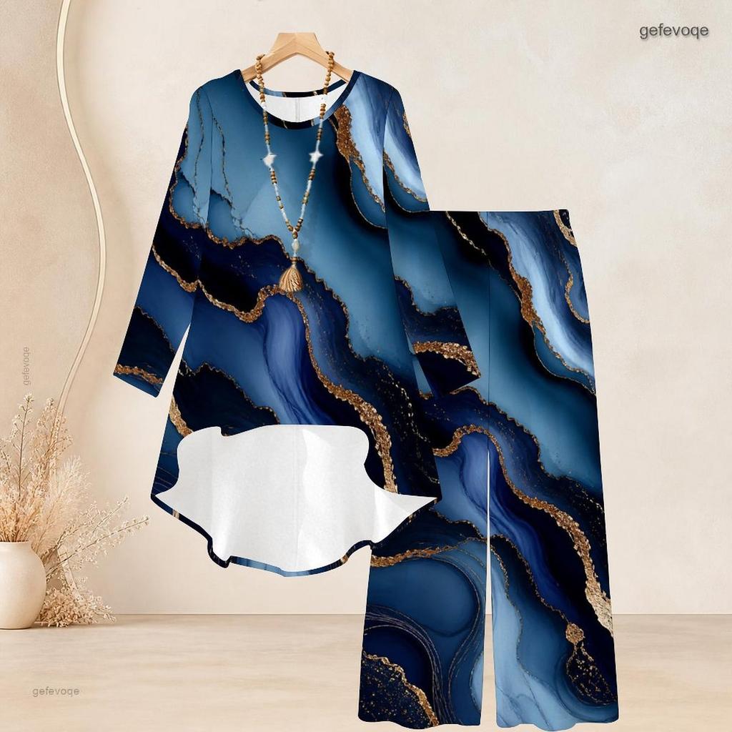 Women Plus Size Round Neck Long Sleeve Green Printed High Low Top Wide Leg Pants Two Piece Set