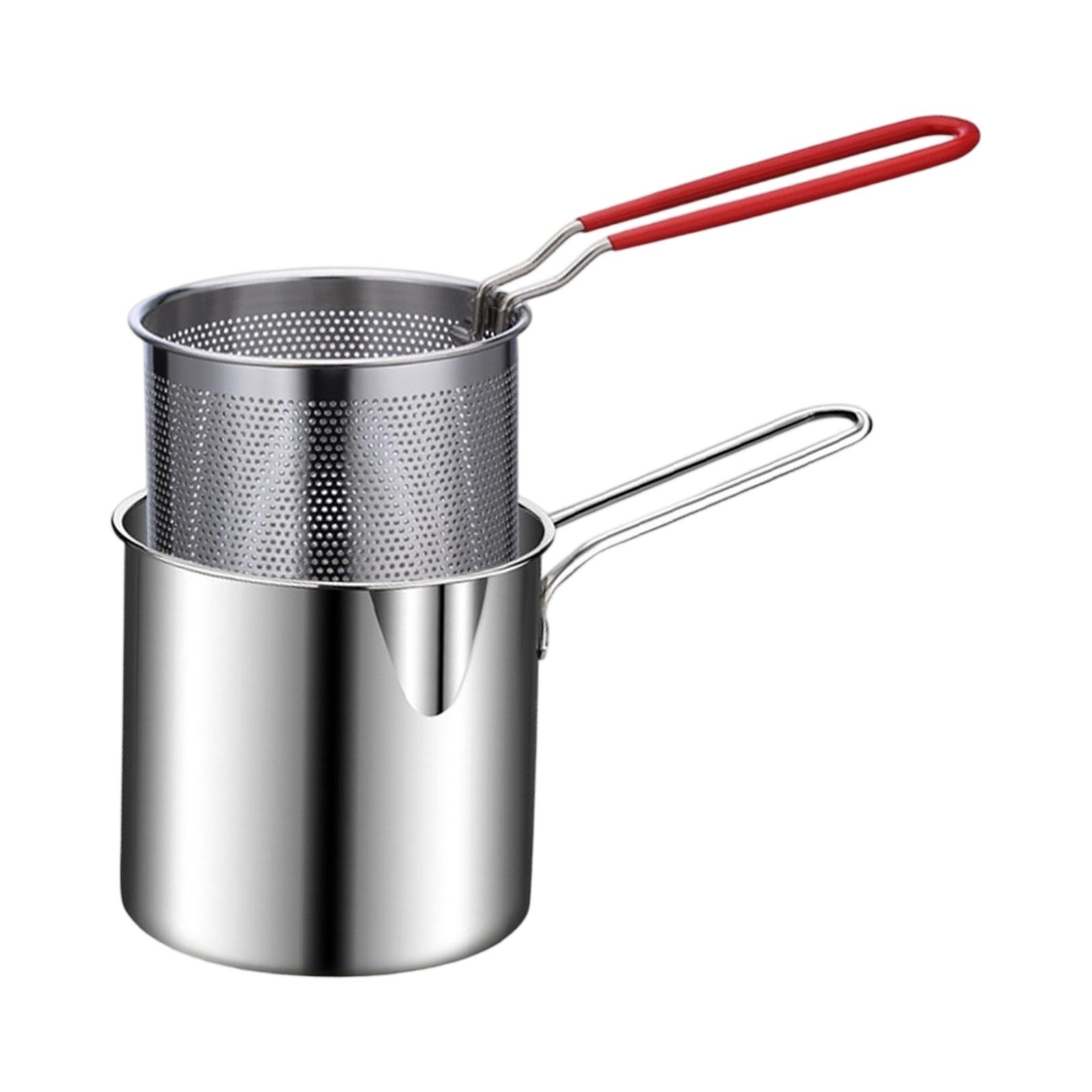 

Stainless Steel Deep Fryer - Household Oil Pan with Small Skewer & Strainer, Compact Deep Fryer for Home Kitchen Food срібний